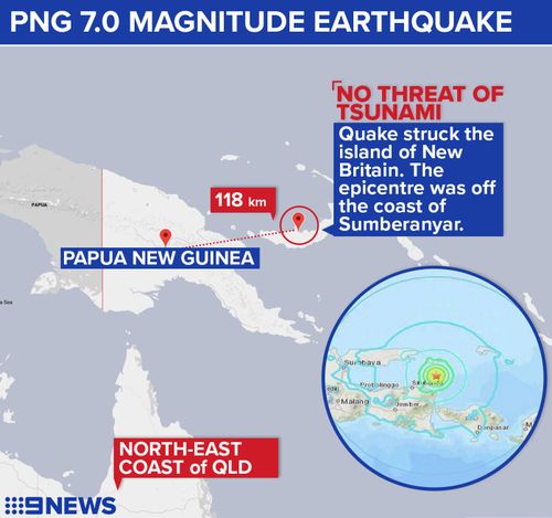 The earthquake struck the Papua New Guinea island of New Britain this morning, 118 kilometres from Kimbe.