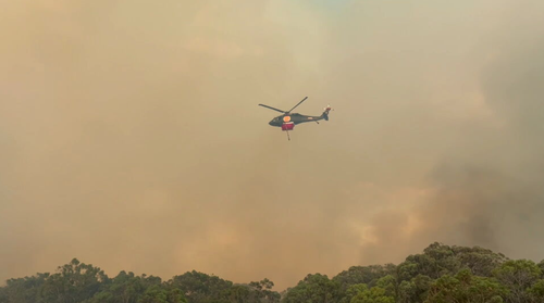 As equipes de bombeiros continuam a combater o incêndio de Longwood por terra e ar.