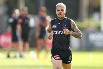 Bobby Hill of the Magpies during a Collingwood Magpies AFL training session at Olympic Park Oval on April 08, 2026 in Melbourne, Australia. 