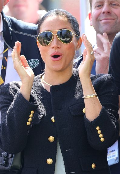 Meghan, Duchess of Sussex reacts as she watches the Jaguar Land Rover Driving Challenge on day one of the Invictus Games The Hague 2020 at Zuiderpark on April 16, 2022 in The Hague, Netherlands. (Photo by Chris Jackson/Getty Images for the Invictus Games Foundation )