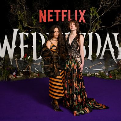 Jenna Ortega and Emma Myers attends the "Wednesday" S2, Part 2 'Wednesday Island Fan Event' on Cockatoo Island on August 16, 2025 in Sydney, Australia. (Photo by James Gourley/Getty Images for Netflix)