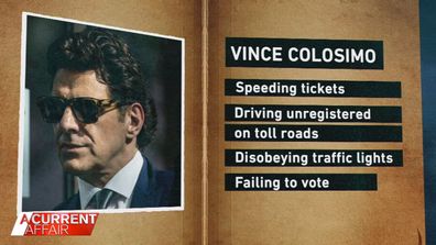 Vince Colosimo's unpaid fines include speeding tickets, driving unregistered on toll roads, disobeying traffic lights and failing to vote.
