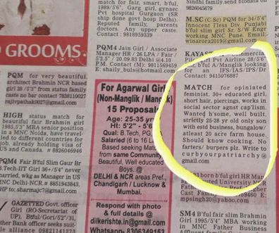 Indian matchmaking ad goes viral after requesting 'non-farting, non-burping, handsome, rich feminist' husband