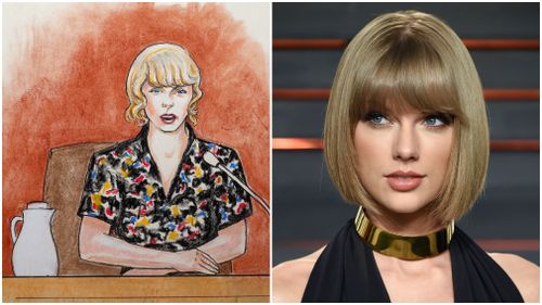 In this courtroom sketch (L), pop singer Taylor Swift speaks from the witness stand during a trial on Thursday. (AAP)