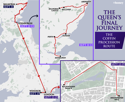 Queen Elizabeth II's final journey: The Queen's coffin will travel from Balmoral to London ahead of her funeral on September 19. 