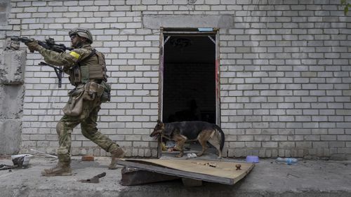 Ukraiński żołnierz patroluje podczas misji rozpoznawczej niedawno odbitą wieś na obrzeżach Charkowa we wschodniej Ukrainie.