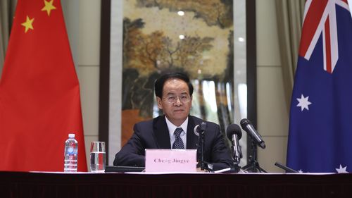 Chinese ambassador to Australia Cheng Jingye speaks during the press conference on Xinjiang in Canberra.