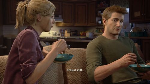 Nathan Drake and Elena eating pasta during an Uncharted 4: A Thief's End cutscene. 