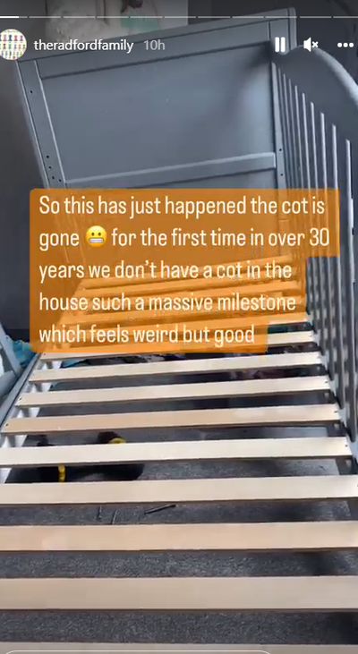 Mum of 22, Sue Radford posts after removing the cot from the family home - the first time it has happened in over 30 years.