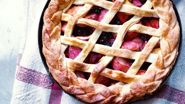 Annie Rigg's peach and blackcurrant pie