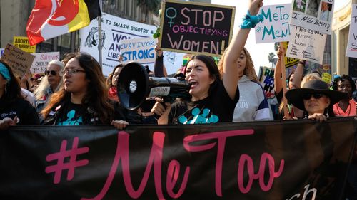 Activists participate in the 2018 #MeToo March in Hollywood, California. 