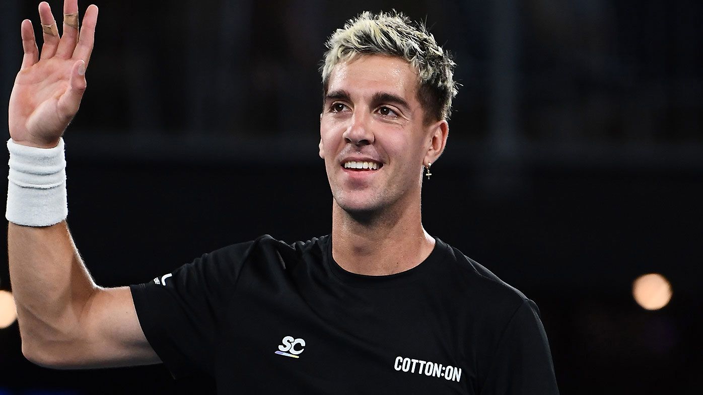 Thanasi Kokkinakis celebrates after beating Miomir Kecmanovic in the quarter final of the Adelaide International 2