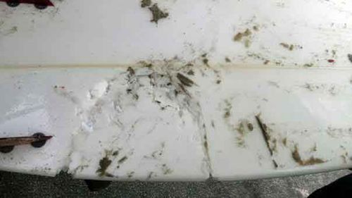 An image of the man's surfboard after the attack. (Supplied)