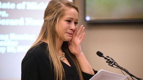 Gymnast Emily Morales sobs as she gives her victim impact statement. Picture: AAP 