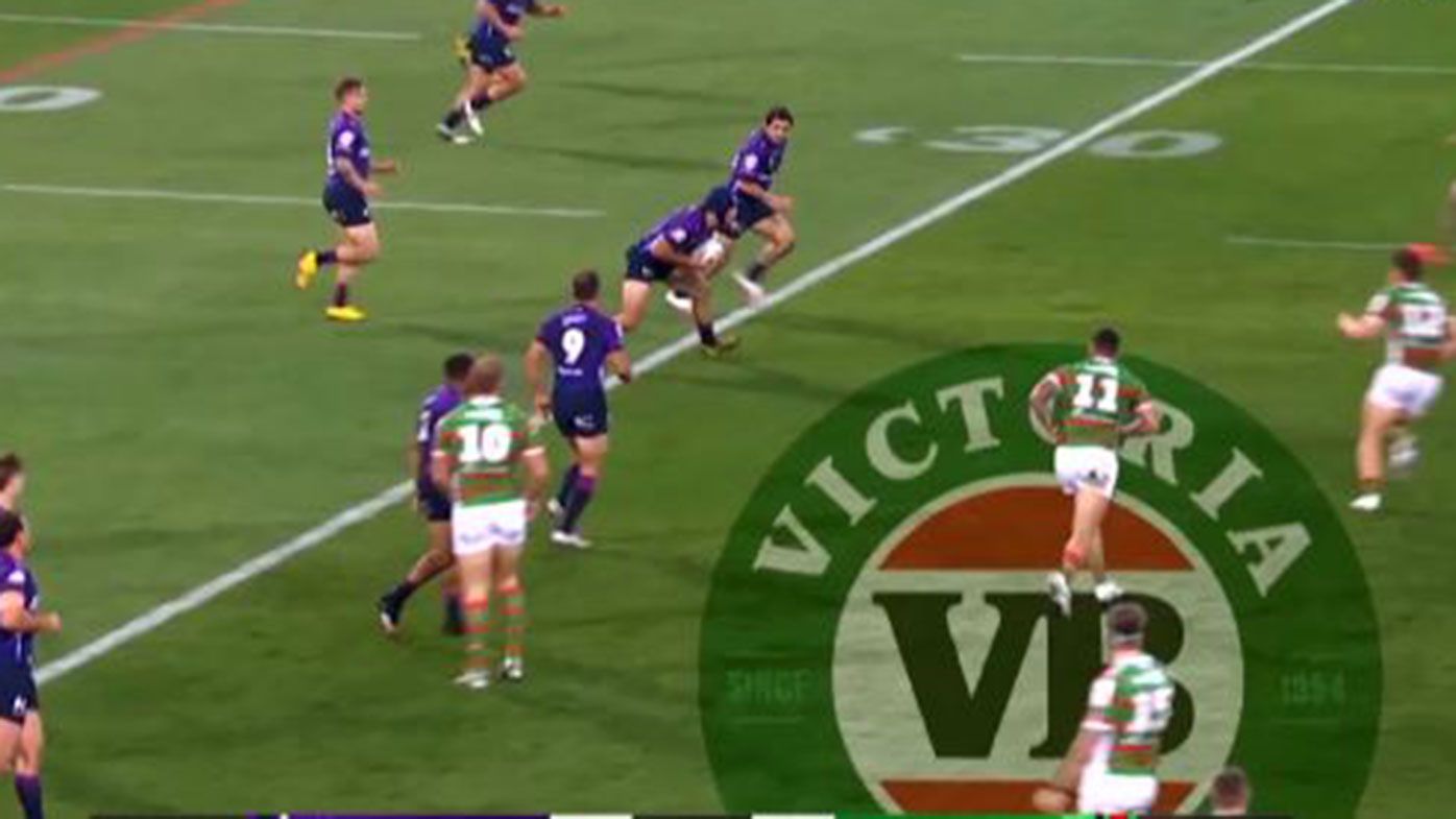 Melbourne&#x27;s Jahrome Hughes was pulled up for this forward pass against Souths.