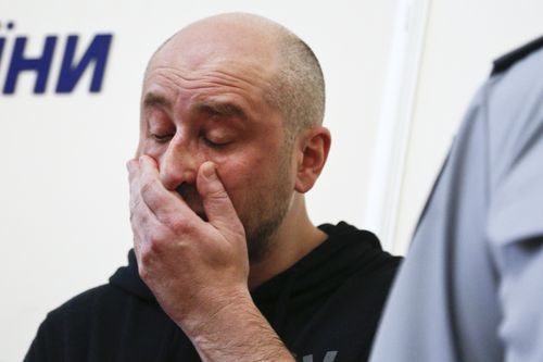 Babchenko broke down during the press conference, where he admitted he had to keep the secret from his wife. Picture: AP