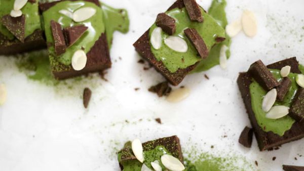 Vegan fudgy chocolate black bean brownies with coconut matcha ganache