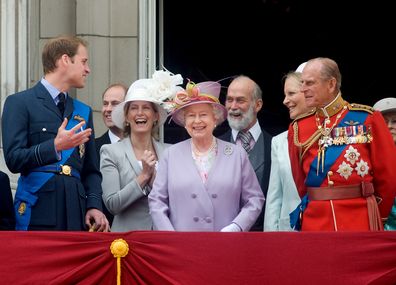 Prince William, Sophie, Countess of Wessex, Queen Elizabeth II, Prince Michael of Kent, Princess Michael of Kent and Prince Philip, Duke of Edinburgh watch the fly past from the balcony of Buckingham Palace at Trooping The Colour on June 12, 2010 in London, England. Trooping The Colour is the Queen's annual birthday parade and dates back to the time of Charles II in the 17th Century when the colours of a regiment were used as a rallying point in battle. 