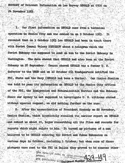 A summary of information on Lee Harbvey Oswald.