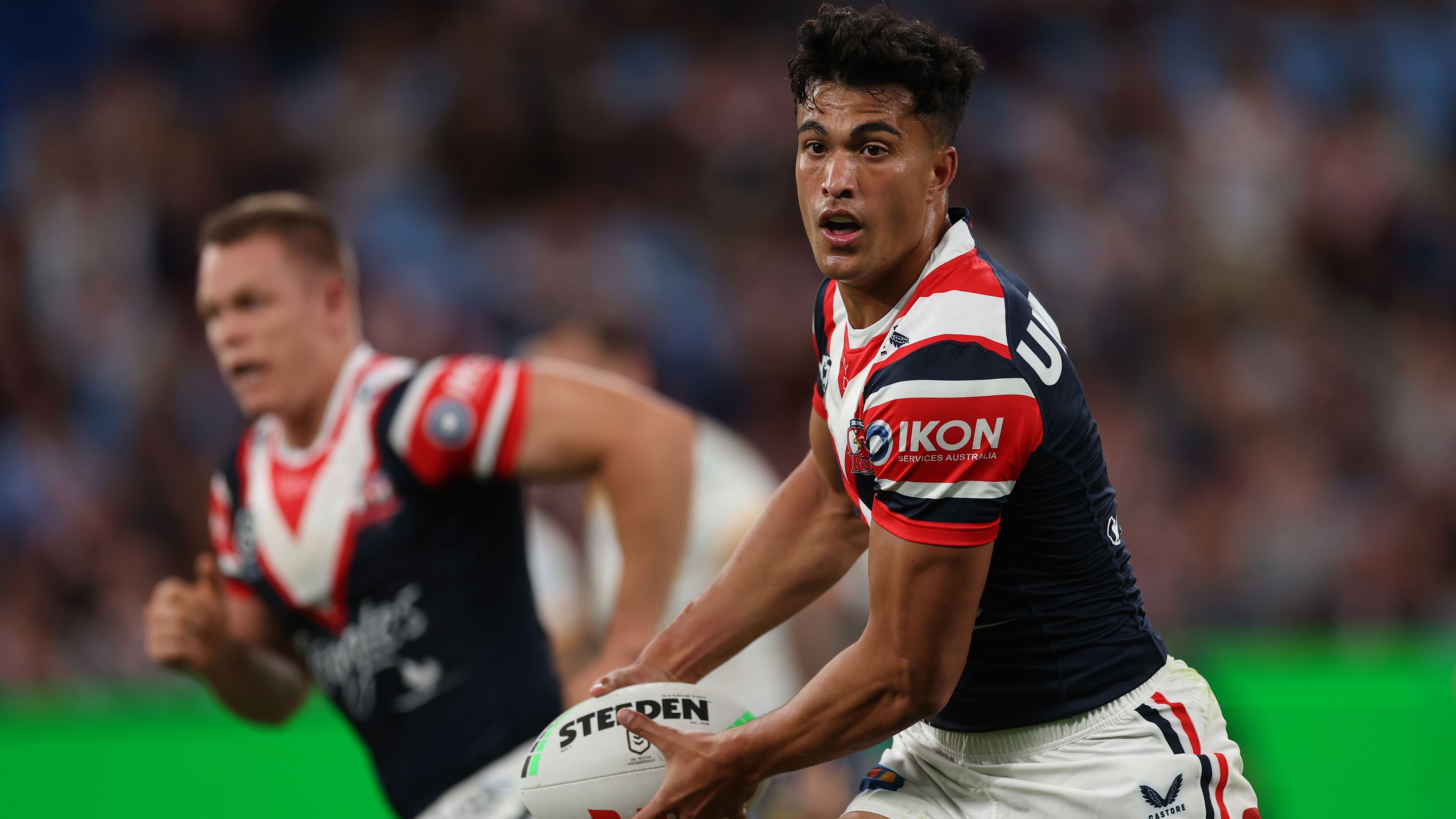 Joseph-Aukuso Suaalii of the Sydney Roosters during the round five NRL match between the Sydney Roosters and the Parramatta Eels at Allianz Stadium.