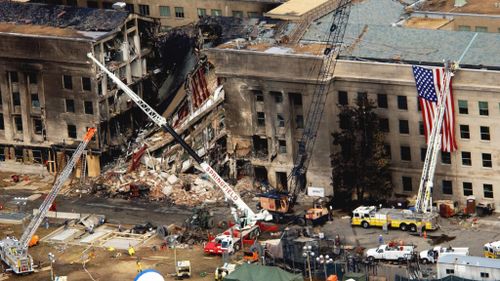 An aerial view of the damage at the Pentagon two days after Sept. 11, 2001.