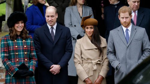 Kate, Duchess of Cambridge, Prince William, Meghan Markle, Prince Harry and Prince Philip arrive to the traditional Christmas Days service, at St Mary Magdalene Church in Sandringham. Picture: AP