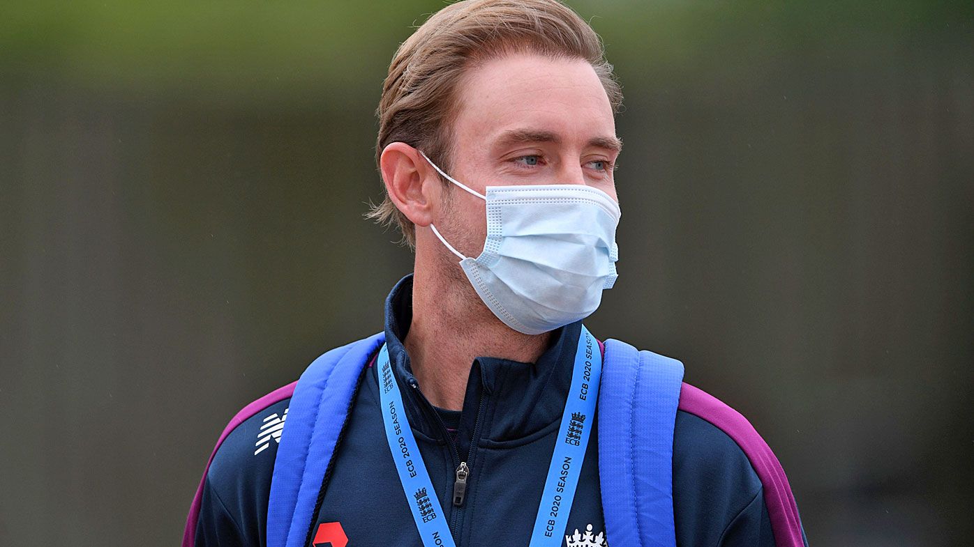 England&#x27;s Stuart Broad wears a face mask as a precaution against the coronavirus 