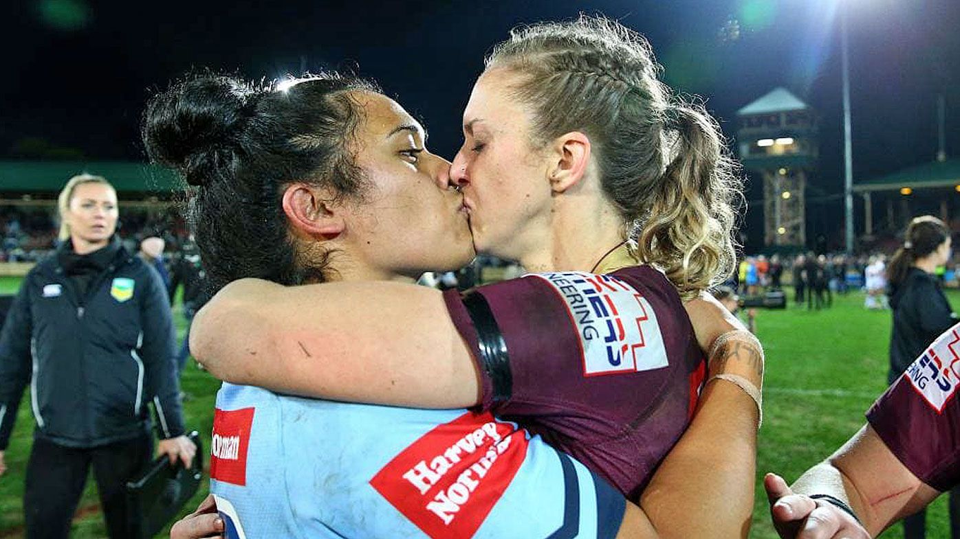 The kiss that went viral after the inaugural Women's State of Origin clash.