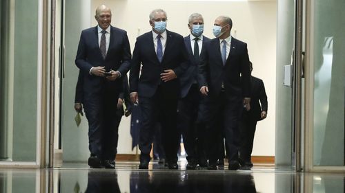 Minister for Home Affairs Peter Dutton, Prime Minister Scott Morrison, Deputy Prime Minister Michael McCormack and Treasurer Josh Frydenberg depart the House of Representatives after the Treasurer handed down the Budget. Picture: Alex Ellinghausen