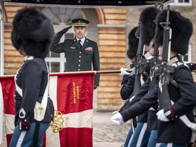 King Frederik X participates in the Watch Parade at the Royal Life Guard to hand the King's Watch to guard Rasmus Boy Bedsted at the Life Guards Barracks in Copenhagen, Wednesday, March 13, 2024.