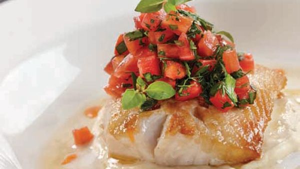 Roast mahi mahi with eggplant puree and sauce vierge