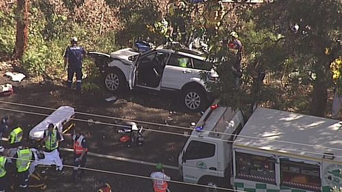 Emergency services were called to Wilfred Barnett Drive in Magenta, north of Gosford, after the two cars collided. Picture: 9NEWS.