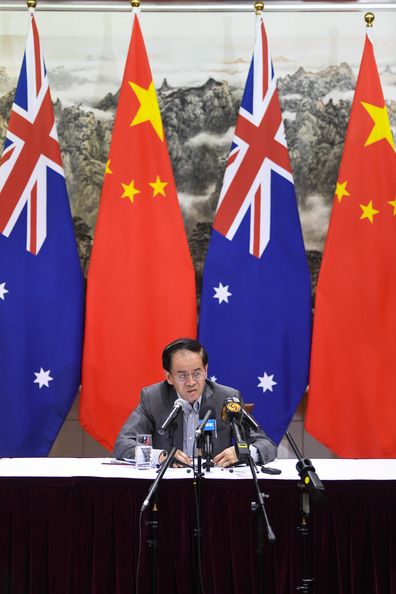 Chinese Ambassador to Australia Cheng Jingye speaks to the media during a press conference at the Ambassador's residence in Canberra, Thursday, December 19, 2019. (AAP Image/Lukas Coch) NO ARCHIVING