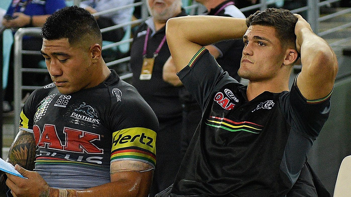 Nathan Cleary of the Panthers is seen with ice on his knee after sustaining an injury