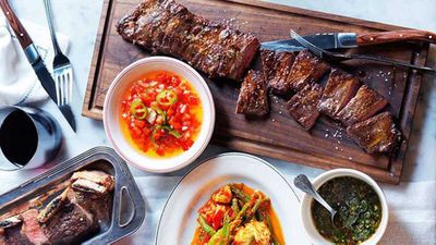 <strong>Char-grilled skirt steak and beef short ribs with salsa Criolla and chimichurri</strong>