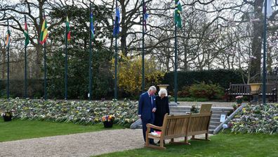 Prince Charles and Camilla, Duchess of Cornwall view tributes left for Prince Philip at Marlborough House Gardens