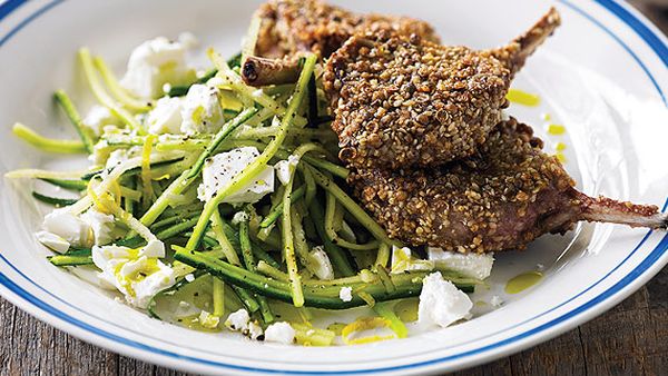 Dukkah lamb chops with zucchini and pear salad