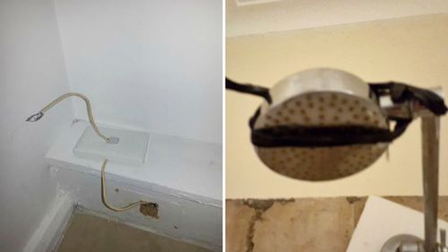 Customer photos of exposed wiring and a broken shower head in a Redan Apartment.