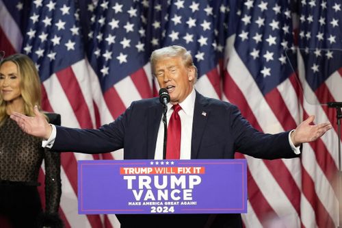 Republican presidential candidate former President Donald Trump speaks at an election night party Wednesday, Nov. 6, 2024, in West Palm Beach, Fla. (AP Photo/Alex Brandon)