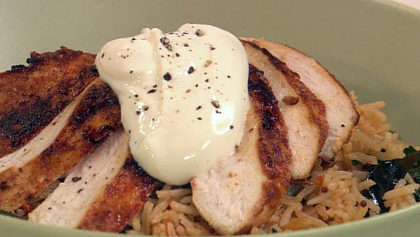 Buttermilk marinated chicken with tomato pilaf