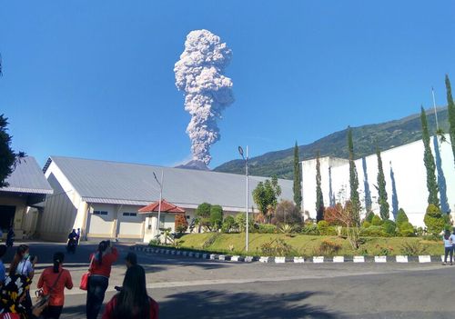 Mount Merapi spews volcanic materials from its crater as seen from Klaten, Central Java, Indonesia. Picture: AAP