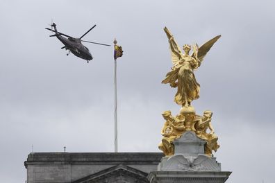 A helicopter departs from Buckingham Palace believed to be carrying King Charles III and Queen Camilla in London, Tuesday, Feb. 6, 2024. 