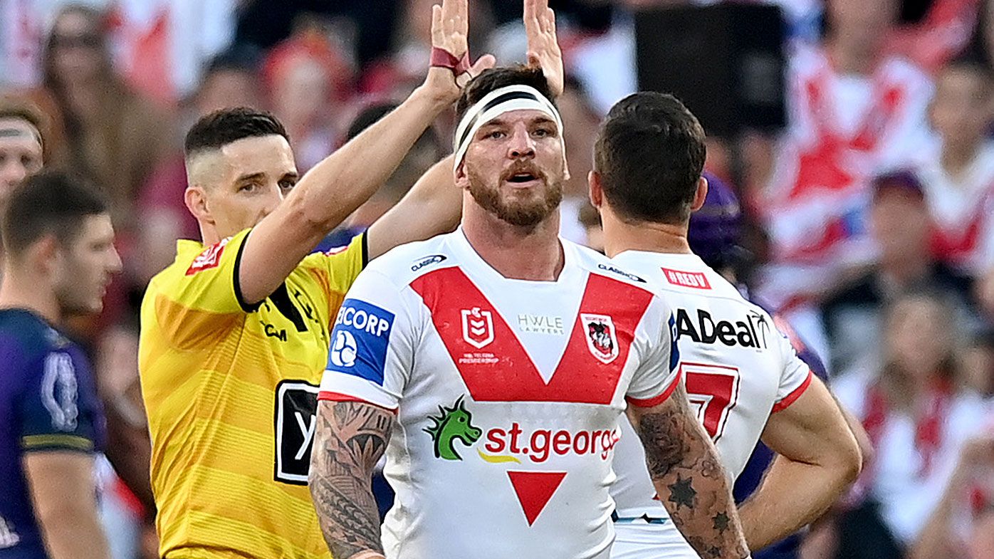 Josh McGuire of the Dragons is sent to the sin bin during the round 10 NRL match between the Melbourne Storm and the St George Illawarra Dragons at Suncorp Stadium, on May 16, 2021, in Brisbane, Australia.