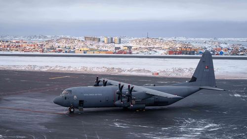 A Royal Danish Air Force military plane is seen at the airport of Nuuk, Greenland, on Thursday, Jan. 15, 2026.