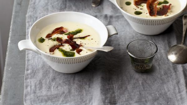 White bean velouté with salsa verde and candied pancetta