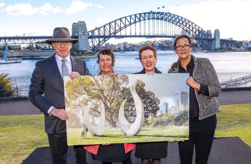 Sydney Lord Mayor Clover Moore, Governor David Hurley, artist Judy Watson &amp; curatorial advisor of the Eora Journey Hetti Perkins unveil 'Bara.' Picture: Supplied