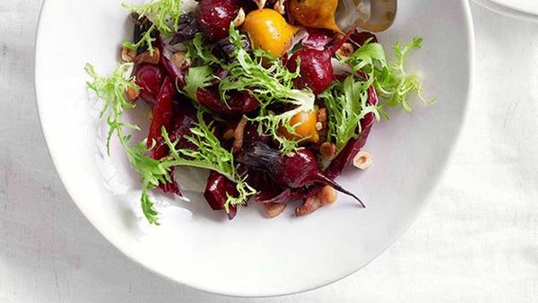 Roasted beetroot with pancetta, hazelnuts and Roquefort. Image: Gourmet Traveller