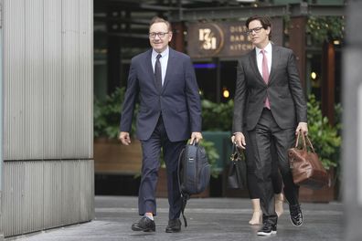 Actor Kevin Spacey, left, arrives at Southwark Crown Court in London, Britain, Friday, July 14, 2023. 