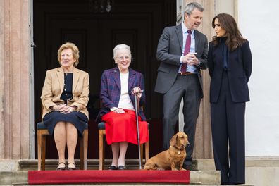 FREDENSBORG, DENMARK - APRIL 16: (L-R) Queen Anne-Marie of Greece, Queen Margrethe of Denmark, King Frederik X of Denmark, Queen Margrethes dog Tilia and Queen Mary of Denmark attend the 86th Birthday celebrations of Queen Margrethe II of Denmark on April 16, 2026 in Fredensborg, Denmark. (Photo by Martin Sylvest Andersen/Getty Images)