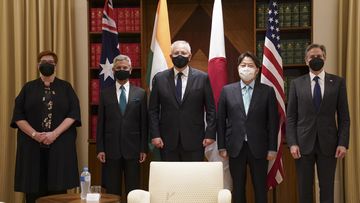 Australian Foreign Minister Marise Payne, Indian Foreign Minister Subrahmanyam Jaishankar, Australian Prime Minister Scott Morrison, Japanese Foreign Minister Yoshimasa Hayashi and U.S. Secretary of State Antony Blinken, pose for a photo before their meeting at the Quad meeting of foreign ministers in Melbourne, Australia, Friday, Feb, 11, 2022.